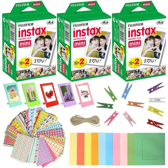 Fujifilm Instax Mini Instant Film (3 Pack, 60 Sheets) 5 Plastic Desk Frames + 10 Paper Frames Plus 60 Sticker Frames