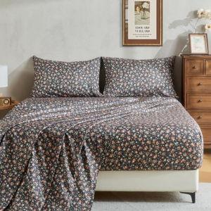 HYPREST Floral Sheets King Size, Deep Pocket Sheets Black Soft Breathable Farmhouse 4pcs Bed Sheet Sets