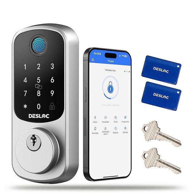 DESLOC B200 Fingerprint Smart Door Lock, Keyless Entry Door Lock, App Control, Smart Locks for Front Door, Smart Deadbolt Lock, Touchscreen Keypad, Emergency Power Port, 12 Months Battery, Silver