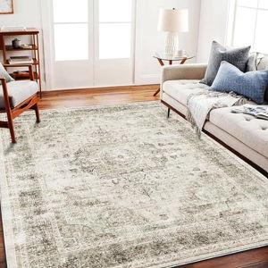 Area Rug 6'x9' Washable Vintage Floral Khaki Traditional Floor Cover Thin Retro Kitchen Indoor Distressed Non Slip Carpet for Living Room Bedroom Dining Room