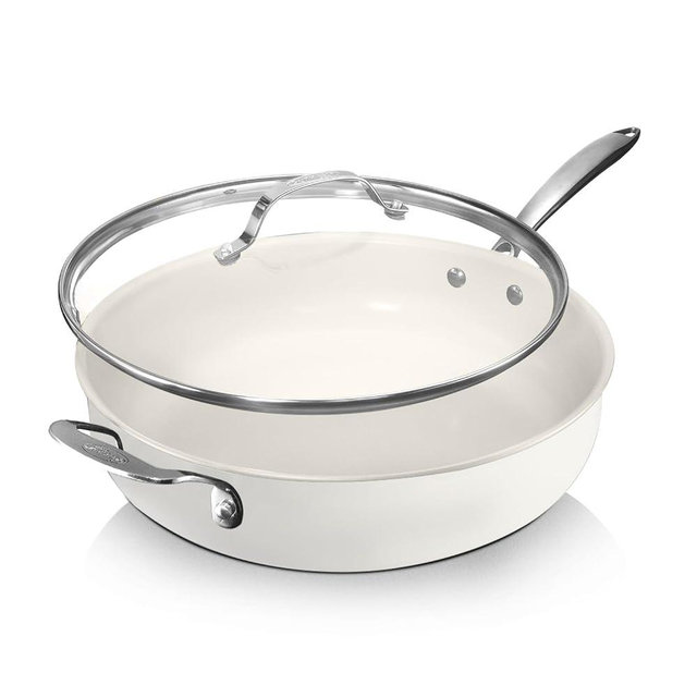 GOTHAM STEEL 5.5 Qt Saute Pan with Lid - Non Stick Frying Pans Nonstick Deep Frying Pan, Nonstick Pan, Cooking Pan, Nonstick Skillet, 100% PFOA Free Ceramic Pan, Dishwasher Safe, Cream White