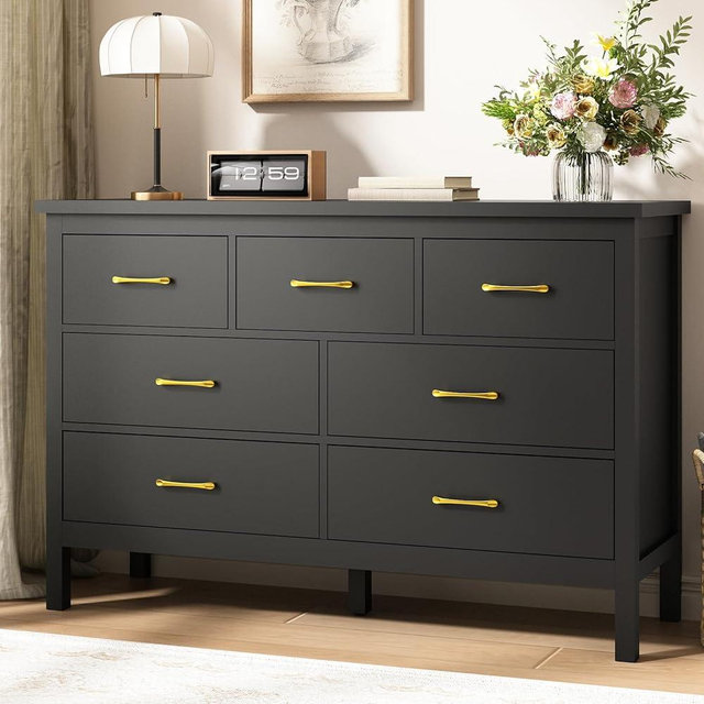 Tradare Black Dresser for Bedroom, 7 Drawer Wood Double Dresser with Golden Handles, Wide Chest of Organizer Storage Drawers for Living Room, Hallway, Entryway