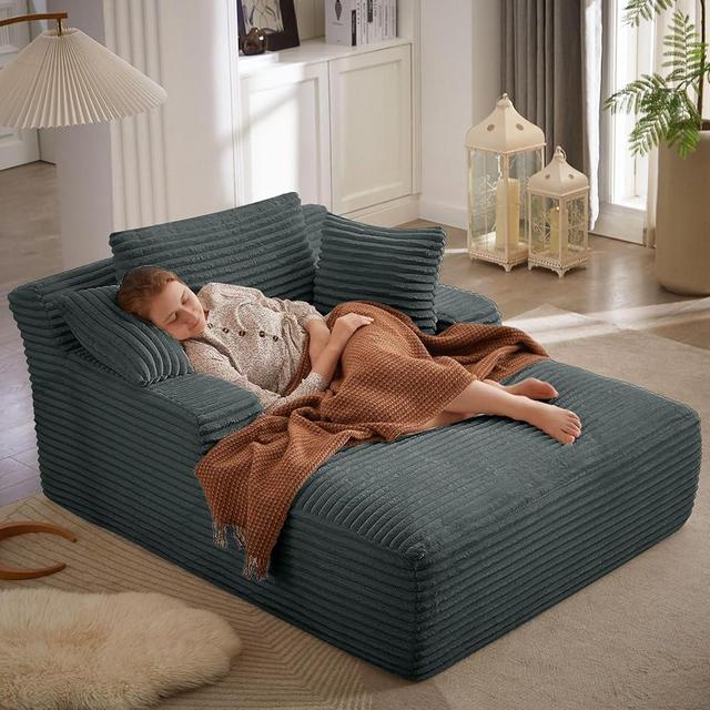 ODUWA Oversized Chaise Lounge Indoor,Sofa Bed with Throw Pillows and Armrests, Corduroy Sleeper Sofa Couch with Pillows, Recliner Cloud Chai for Living Room Grey