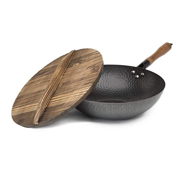 Goodful Carbon Steel Wok, Hammered Pow Wok with Wooden Lid, 13", Black