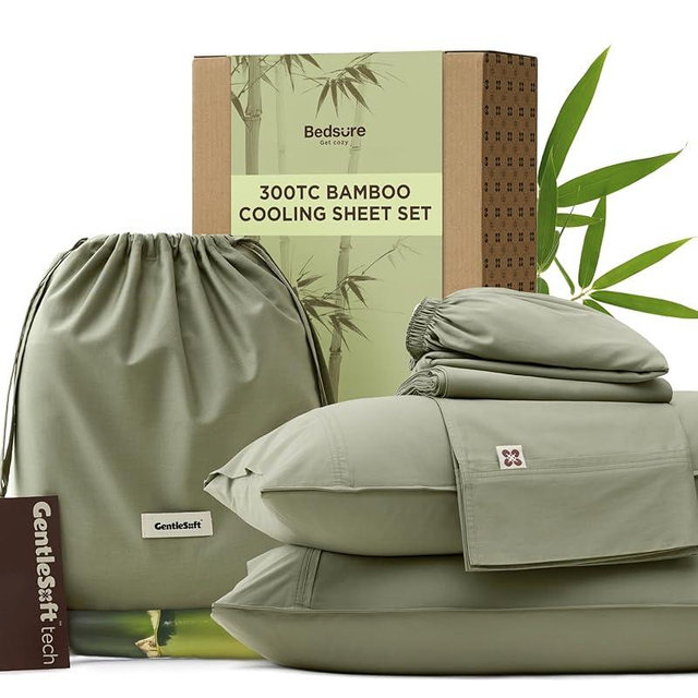 Bedsure Cooling Sheets, Rayon Derived from Bamboo & Cotton Blend, GentleSoft, Breathable, King Size Sheets Set, Deep Pocket Up to 18", Hotel Luxury Bedding for Hot Sleepers, Sage Green