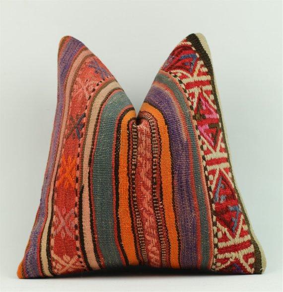 Boho Throw Pillow, Kilim Lumbar Pillow, Boho Scatter Cushion, Rustic Throw Pillow 16in*16in
