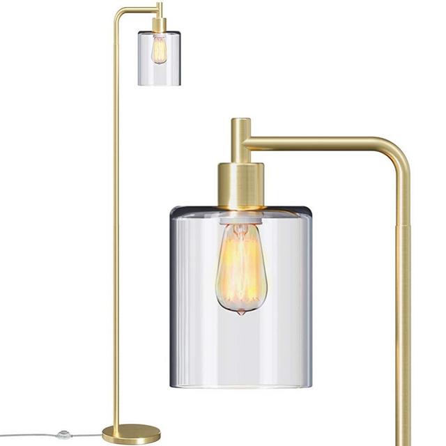 Addlon LED Floor Lamp, with Hanging Glass Lamp Shade and LED Bulb for Bedroom & Living Room, Modern Standing Industrial Lamp Tall Pole Lamp for Office, Brass Gold