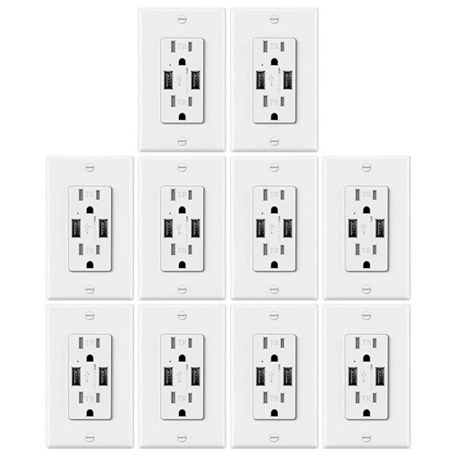 10 Pack - ELECTECK 3.6A Dual USB Wall Outlet Charger with Wall Plate, Tamper-Resistant Receptacles, 15A/125V/1875W, UL Listed, White