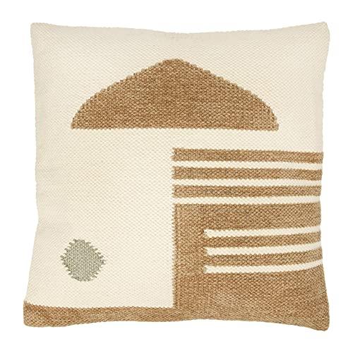 Creative Co-op Square Cream & Tan w/Gold Geometric Pattern Woven Cotton & Wool Pillow, Cream