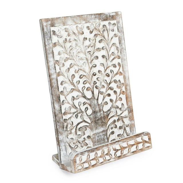 Amerindian Wooden Hand Carved White Wash Cook Book Stand Adjustable & Foldable Reading Recipe Book Holder Kitchen Office Desk Workshop White Elephant Gifts for Adults