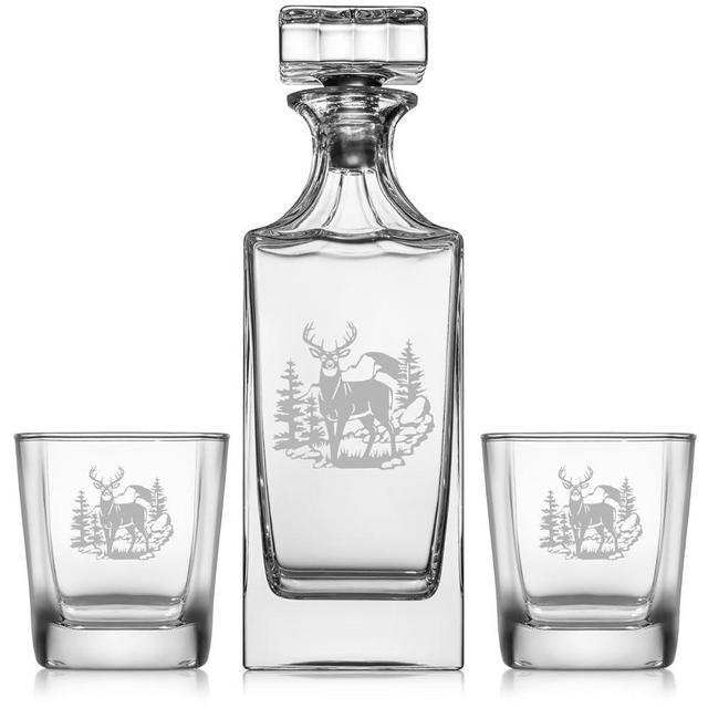 Whiskey Decanter Gift Set With 2 Whiskey Old Fashioned Rocks Glasses Hunting Deer Trees Mountains