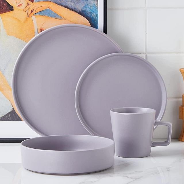 Stone Lain Cleo 16-Piece Round Dinnerware Set, Light Gray Modern Dishes