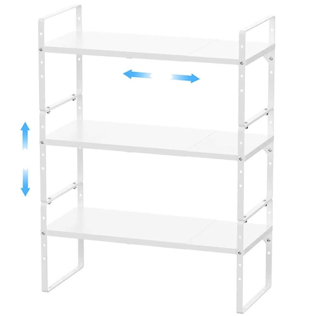 GEDLIRE Expandable Kitchen Cabinet Shelf Organizers 3 Pack, Stackable Metal Pantry Storage Shelves Rack, Adjustable Counter Shelf for Cabinets, Countertop, Cupboard Organizers and Storage, White