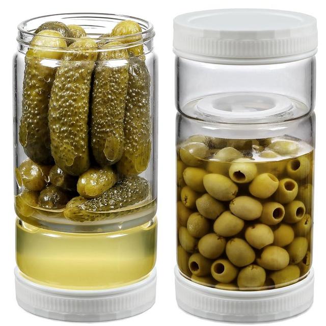 LANDNEOO 2 Pack 36oz Glass Pickle Jar with Strainer Flip, Airtight Olive or Kimchi Hourglass Container, Pickle Flip Holder Separate Food from Pickle Juice，White