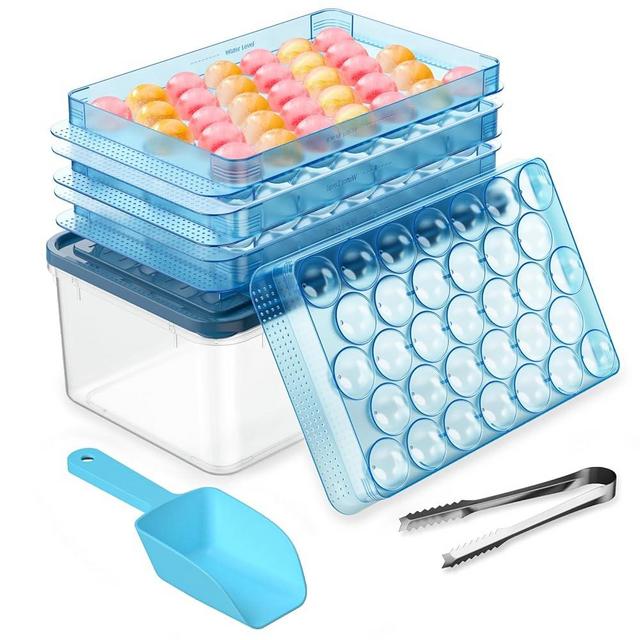 Ice Cube Tray with Lid and Bin, PHINOX Round Ice Trays for Freezer, Ice Trays Making 99 x 1.0IN Ice Cubes, Ice Cube Trays for Freezer with 3 Blue Trays, 1 Ice Bucket Scoop & Tong for Cocktail Whiskey