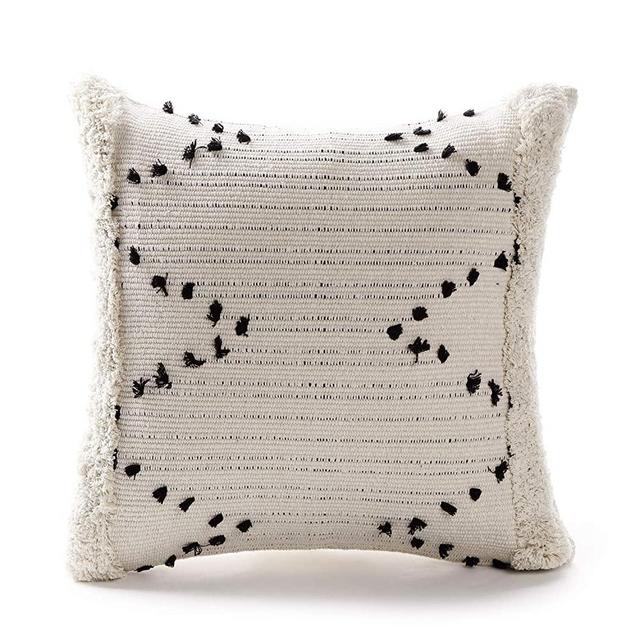 Ailsan Hand Woven Tufted Throw Pillows Cover-Moroccan Square Woven Cream and Black Chic Diamond Tassels Throw Pillow Geometric Pattern Pillow Case for Farmhouse Sofa Couch Bedroom Decor