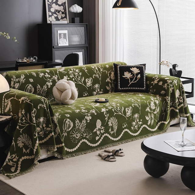 DREAMINGO Green Floral Couch Cover Farmhouse Botanical Jacquard Sofa Covers for 3 Cushion Couch Cozy Chenille Living Room Furniture Futon Sectional Sofa Slipcovers Washable, XX-Large 71"x150"