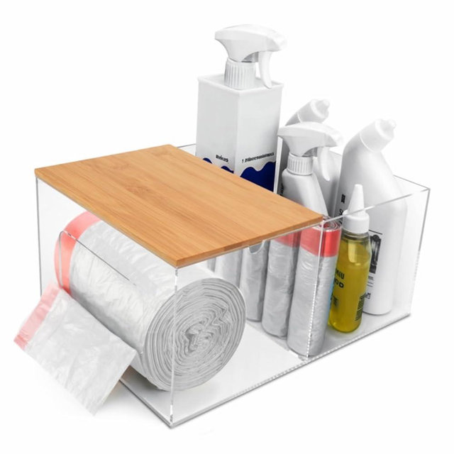 JYPS 2-in-1 Trash Bag Dispenser Holder Bamboo Lid, 19.5" Etra Large Clear Acrylic Garbage Bag Storage, Kitchen Laundry Room Bathroom Organization, Pantry Container & Under Sink Organizer For 13-33 Gal