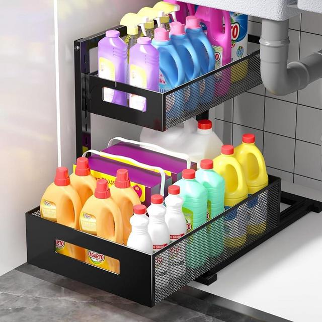 Under Sink Organizer Pull Out Cabinet Organizer Adjustable Height 2 Tier Bathroom Organizer with Sliding Drawers kitchen organizers and storage fridge organizers and storage