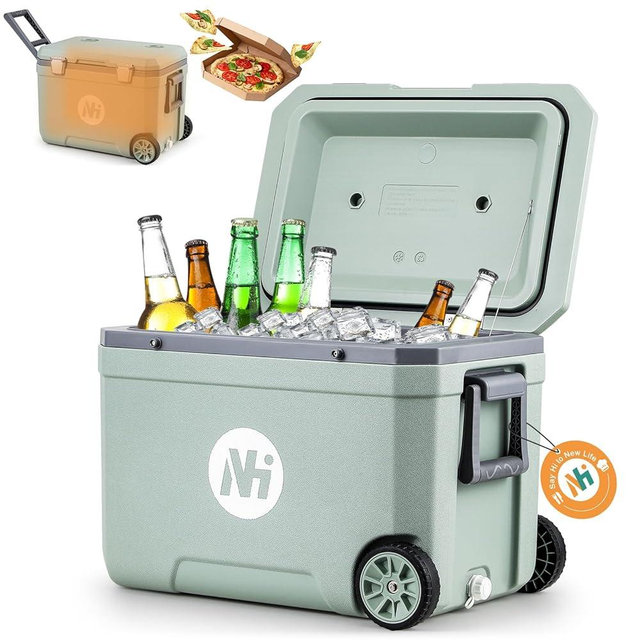 Newhai Catering Food Cooler Box, Hard Cooler, Ice Retention Cooler, Ice Chest Lunch Box, 48h Long Time Thermal Box with Wheels & Handles & Drain Plug, for Catering Party Camping Picnic BBQ (45L)