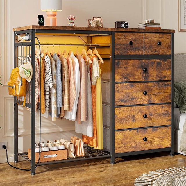 EnHomee 49.2" W Dresser with Hanging Rack & 6 Fabric Drawers – Wooden Top Organize Unit Featuring LED Lights, Charging Station & Grid Panel & Hooks for Bedroom, Rustic Brown