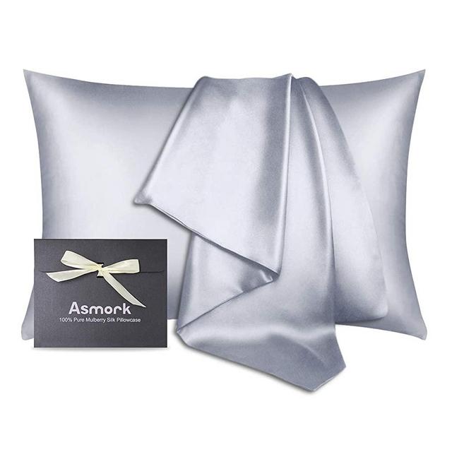 Asmork 100% Mulberry Silk Pillowcase for Hair and Skin, Both Side 19 Momme Real Silk, Hidden Zipper Washable Pure Silk Bed Pillowcase Covers, Envelope Gift Box,1PC(Silver Grey, Standard 20''×26'')