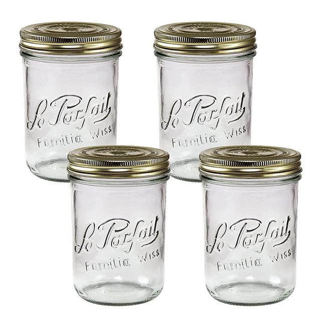 Le Parfait Familia Wiss Terrine | 24oz/Pint&Half (Pack of 4) 750ml Wide Mouth French Glass Jar w/ Airtight 2-Piece System Gold Lids | Ideal for Canning, Food Storage, Meal Prep, Cake Jar & DIY Crafts