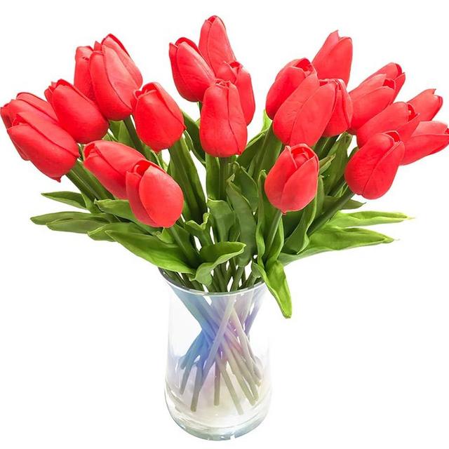 JOEJISN 30pcs Artificial Tulips Flowers Real Touch Red Tulips Fake Holland PU Tulip Bouquet Latex Flowers for Wedding Party Office Home Kitchen Decoration (Bright Red)