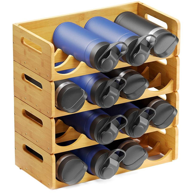 SpaceAid Bamboo Water Bottle Organizer with Labels, Kitchen Pantry Water Bottle Storage Rack for Cabinets, Home Cup and Wine Bottle Holder Shelf Organizers, 4 Pack 4-Slot, Hold 16 Bottles