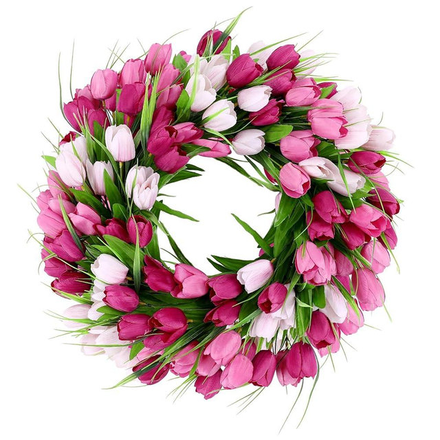U'Artlines 20 Inch Tulip Wreath for Front Door, Spring Summer Silk Wreath with Green Leaves Artificial Tulip Flower Wreaths for All Seasons Window Wall Wedding Valentines Day Decor