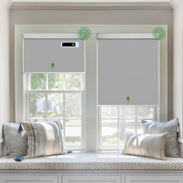 DONGFXK Motorized Blinds with Remote, Blackout Cooling Automatic Shades with Solar Panel Cordless Smart Blinds for Windows, Custom Electric Blinds Horizontal Roller Shades,Gray,35" W X 72" H