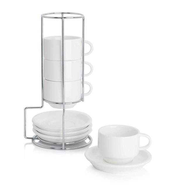 Sweese 404.401 Porcelain Stackable Espresso Cups with Saucers and Metal Stand - 2.5 Ounce - Set of 4, White