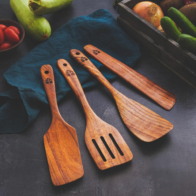 Teak Wooden Utensil Set: Natural Kitchen Spatulas, Paddle, Turner, Scraper