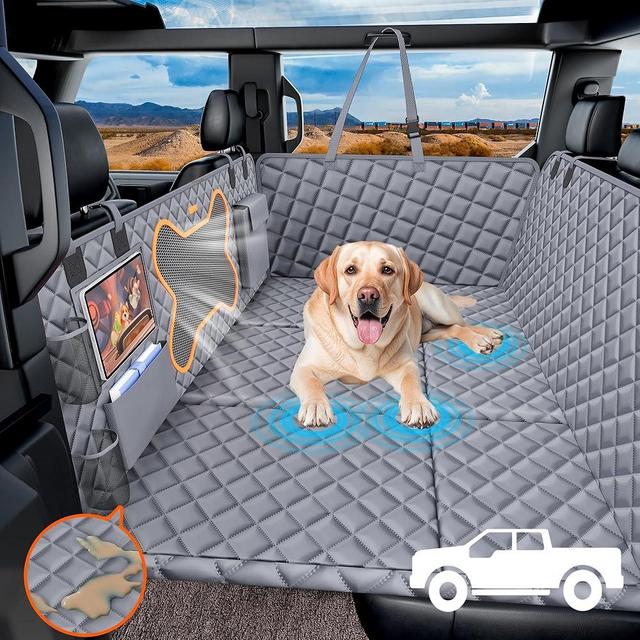 QINGTI Truck Dog Seat Cover Back Seat,Dog Backseat Extender Hammock for Crew Cab 6 Foldable Board Hard Bottom 400lbs Waterproof Anti-Scratch Pet Seat Covers for F150/RAM1500/Silverado Pickup,Gray