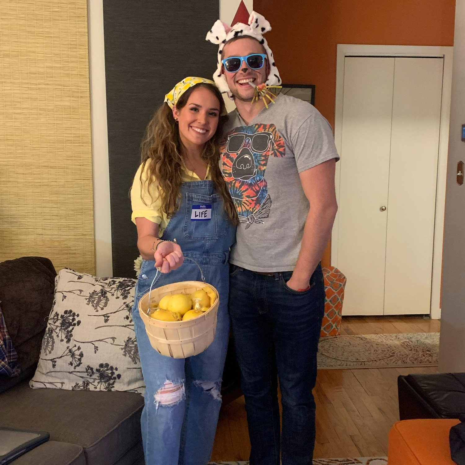 Our first Halloween as puns ("when life gives you lemons" and "party animal")