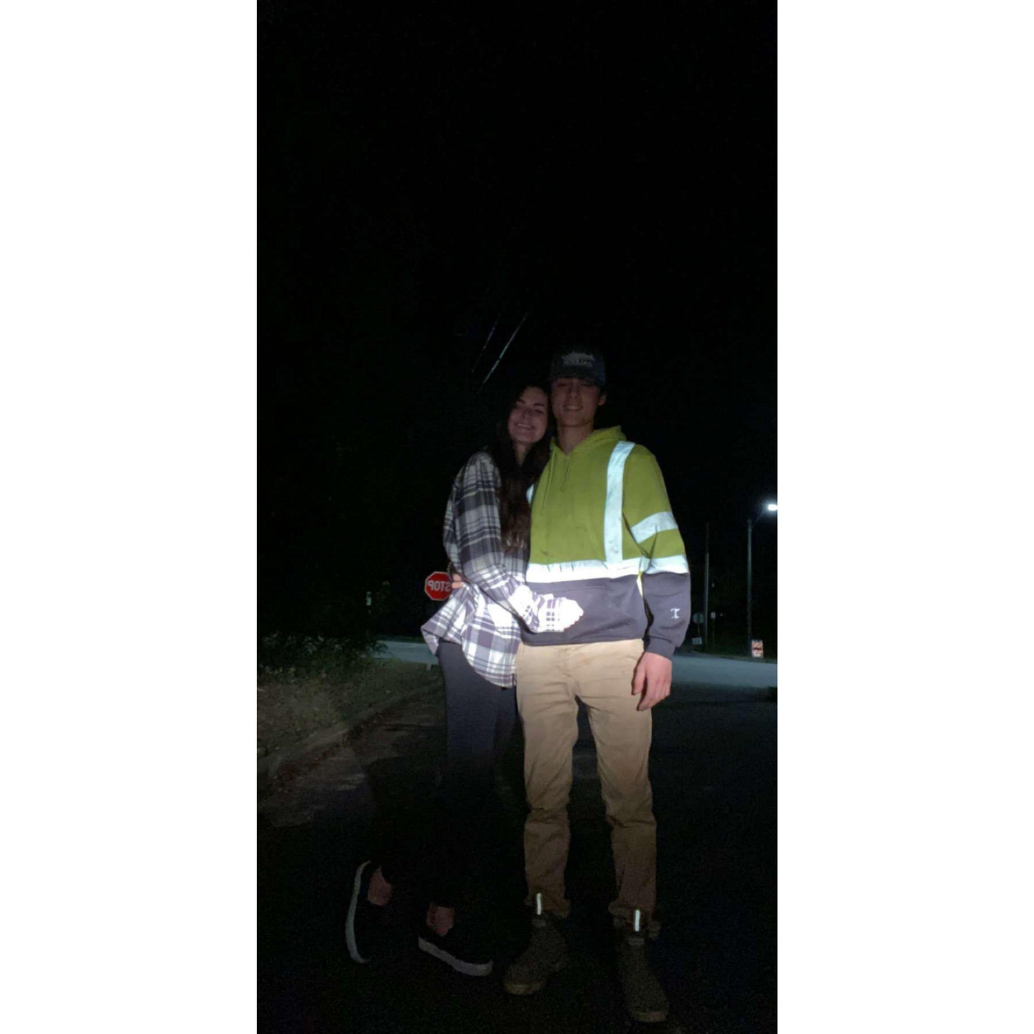 This is a photo from the night we met! 
AJ was working night shift and Madi brought him peanut M&Ms and red Gatorade.