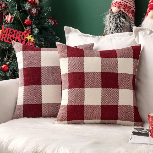 MIULEE Pack of 2 Christmas Farmhouse Checkers Buffalo Plaids Polyester Linen Soft Soild Square Throw Pillow Covers Home Decor Outdoor Cushion Case for Sofa Bedroom Outdoor 20 x 20 Inch Red and White