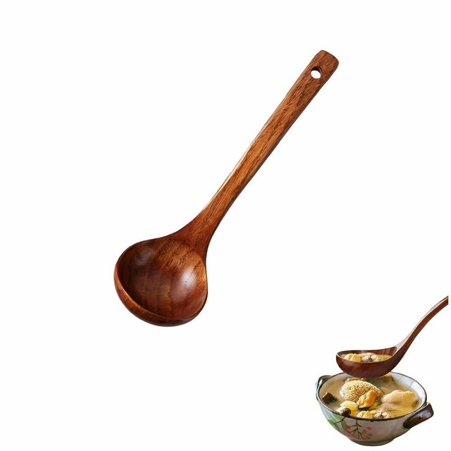 10" Premium Wooden Spoon for Cooking, Natural Teak - Non Drip, Heat Resistant & Comfort Grip, Handmade Smooth Wood Soup Spoon for Stirring, Serving, Non Stick Pots/Hot Soups and Broths