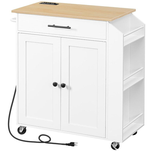 HOOBRO Kitchen Island with Power Outlet, Kitchen Storage Island with Spice Rack and Drawer, Rolling Kitchen Cart on Wheels, for Home, Kitchen and Dining Room, White and Natural WN82UZD01G1