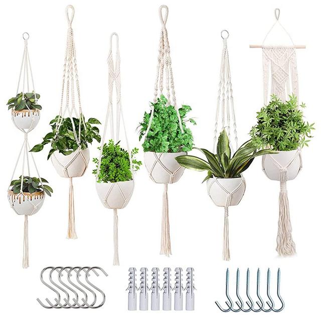 Feedee Macrame Plant Hangers Indoor - Pack of 6 Plant Holders Indoor Hanging, Handmade Beige Cotton Macromay Plant Hangers for Indoor Plant Hangers - Rope Plant Hangers for Bedroom Boho & Home Décor