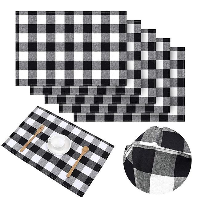 Aneco 6 Pack Checkered Placemats Place Mats 13 x 19 Inches Plaid Double Layer Placemats Decorative Kitchen Cotton Table Placemats, Black and White