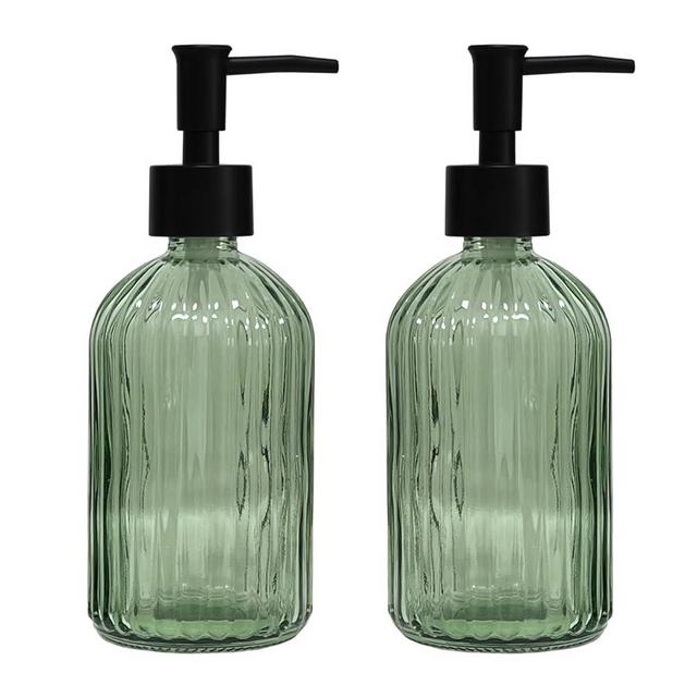 Green Glass Soap Dispenser Set with Black Pump, 13.5oz Refillable Liquid Hand Soap Dispenser, Lotion Dish Soap Dispenser for Modern Home Decor, Bathroom, Kitchen Countertop, Hotel(2 Pack)