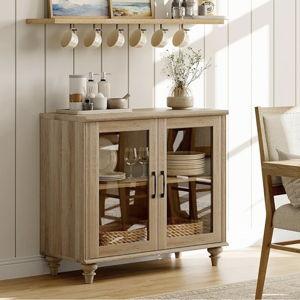 WAMAPT Buffet Cabinet with 2 Glass Doors, Oak Kitchen Storage Cabinets Wood Coffee Bar Table with Adjustable Shelf, Modern Farmhouse Sideboard Credenza for Dining Room, 34 inch
