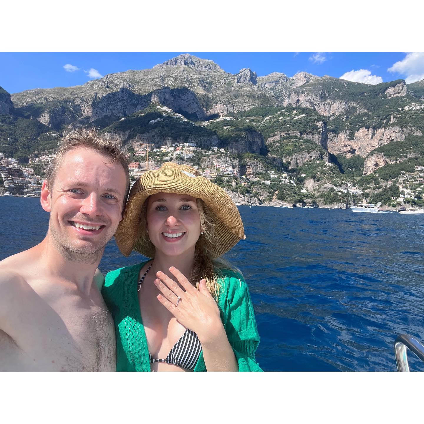 After he popped the question! Outside Positano.