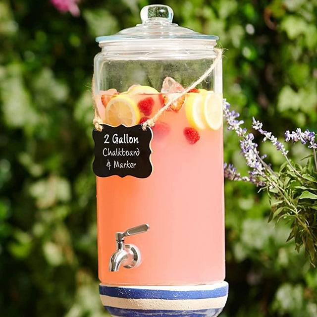 2 Gallon Glass Punch Bowl with Stainless Steel Spigot + Marker & Chalkboard - 100% Leakproof Beverage Dispenser Mason Jar Drink Dispenser Gallon Jug - Laundry Detergent Holder.