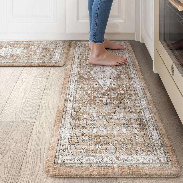 Collive Boho Kitchen Mats for Floor 2 Piece, Cushioned Anti Fatigue Kitchen Floor Mat Non-Skid Kitchen Under Sink Mat, Comfort Standing Desk Mat Waterproof for Office, Home & Kitchen, 17"x30"+17"x47"