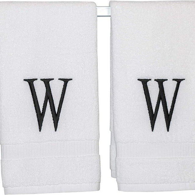 Decorvo Black Luxury Hand Towel for Bathroom - Monogrammed Initial Hotel Quality Decorative Embroidered Towel for Powder Room, Spa - GOTS Organic Certified - Set of 2 Letter W
