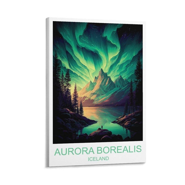 Aurora Borealis Iceland Vintage Travel Poster City Canvas Wall Art Print for Home Decor 20x30inch(50x75cm), Living Room, Bedroom & Office, Scenic City Landscape Painting