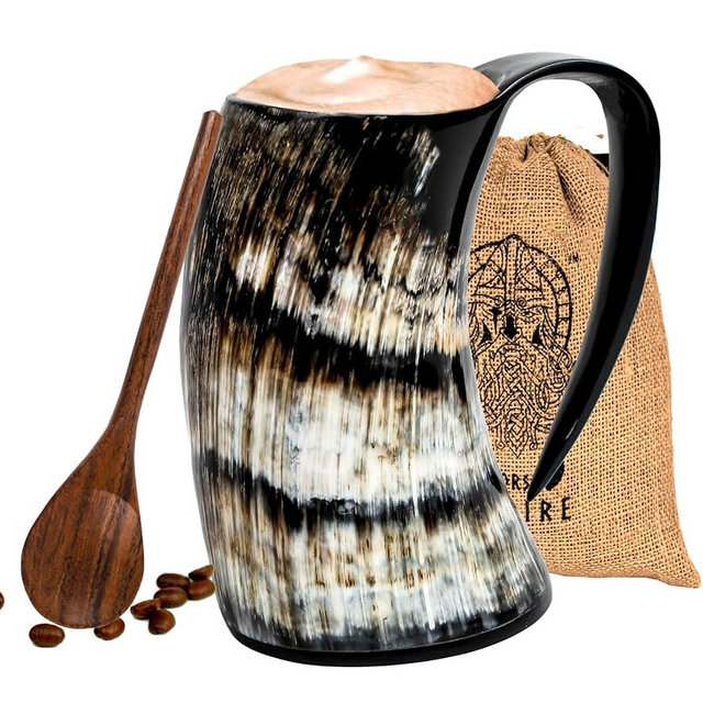 NORSE EMPIRE Viking Horn Mug - 100% Authentic 16oz-Ultimate Unique Handmade Viking Ox Horn Norse Mug for Hot & Cold Drinks-Gift for Men and Women- Food Grade Medieval Style Man's Beer & Mead Cup…