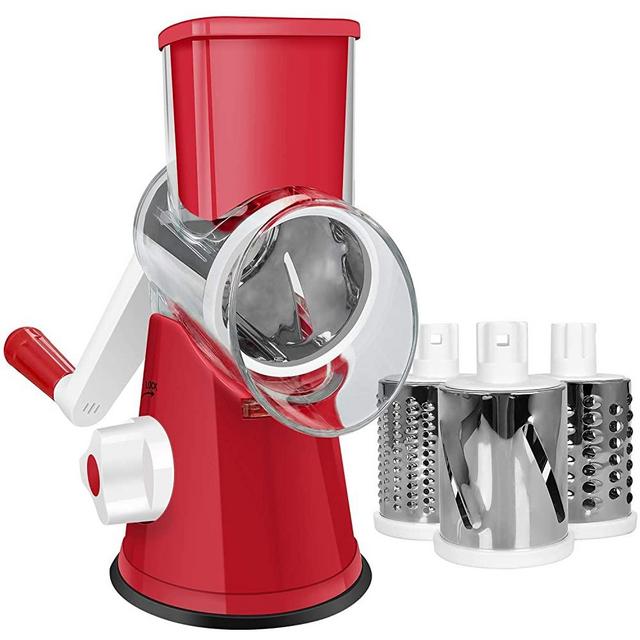 SEYODA Cheese Grater, Rotary Cheese Grater, Efficient Graters for Kitchen with 3 Interchangeable Round Stainless Steel Blades, Easy to Clean Cheese Shredder for Fruit,Vegetables,Nuts. (Red)